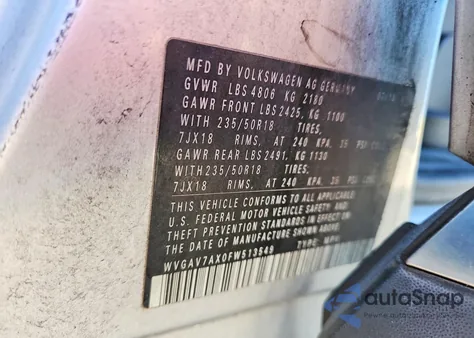 2015 Volkswagen Tiguan S z USA, uszkodzony, nr VIN WVGAV7AX0FW513549